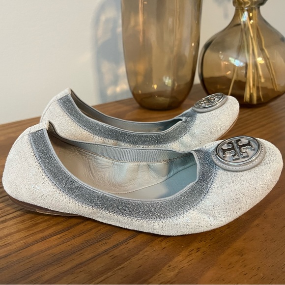 Tory Burch Caroline 2 Metallic Gray Suede Flats - Picture 5 of 11